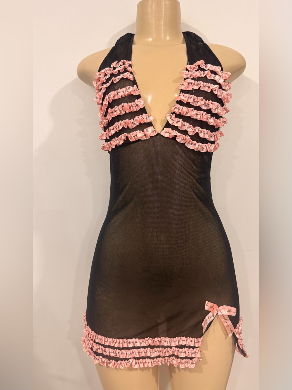 Hustler Hollywood Black Sheer Halter Chemise with Pink Ruffle Trim Y2K